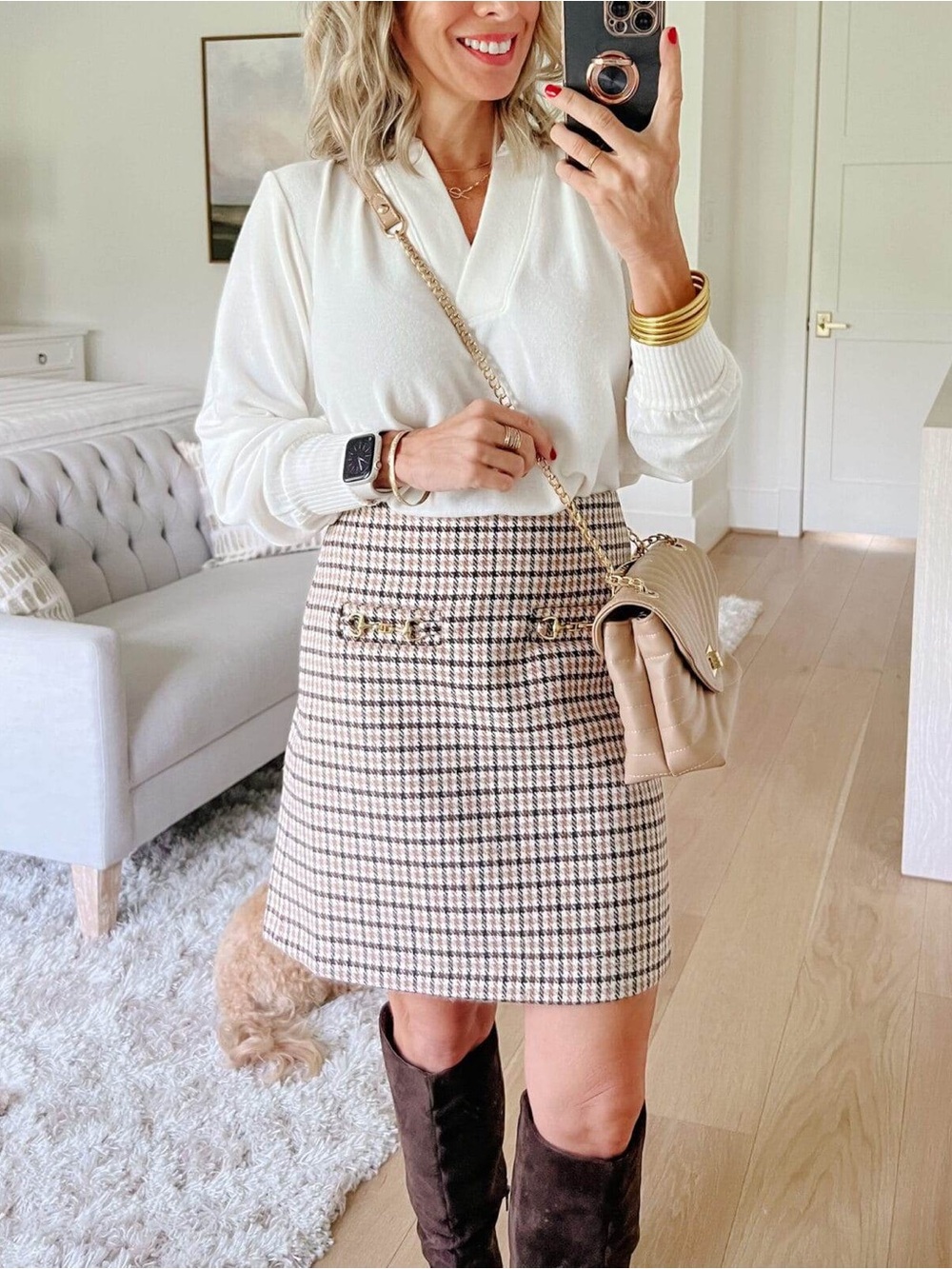 LOFT Plaid Houndstooth Mini Skirt Gold Buckle Cream Brown 12 NWT